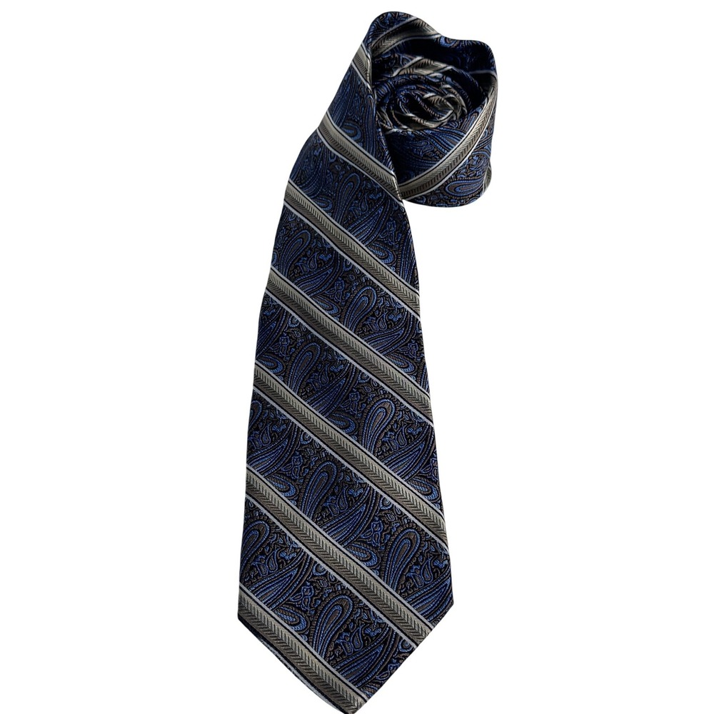 Mens Navy Blue Silver Paisley Striped Silk Necktie Hand Made Formal Silk Tie